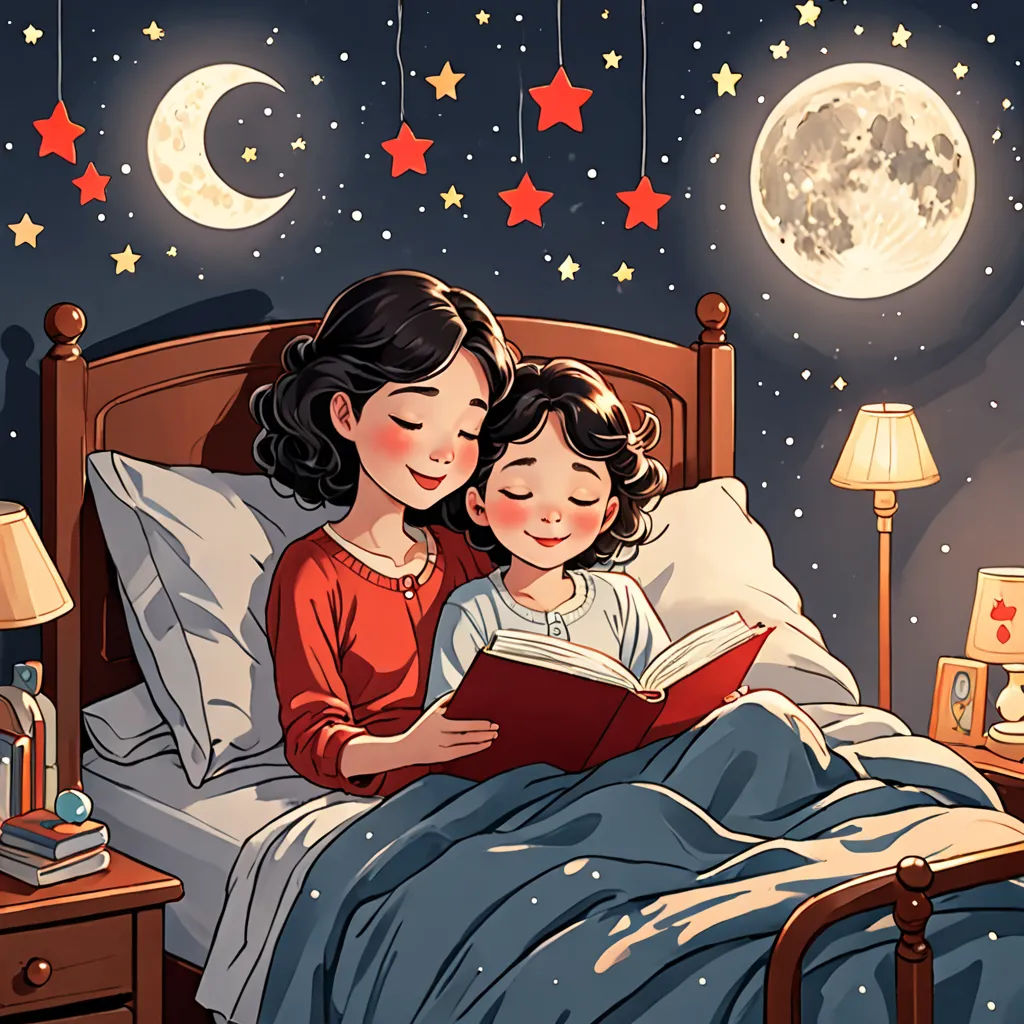 a girl and a girl reading a book in bed at night with the moon and stars above them and a lamp on the nightstand, space art, a storybook illustration, Diego Gisbert Llorens, storybook illustration