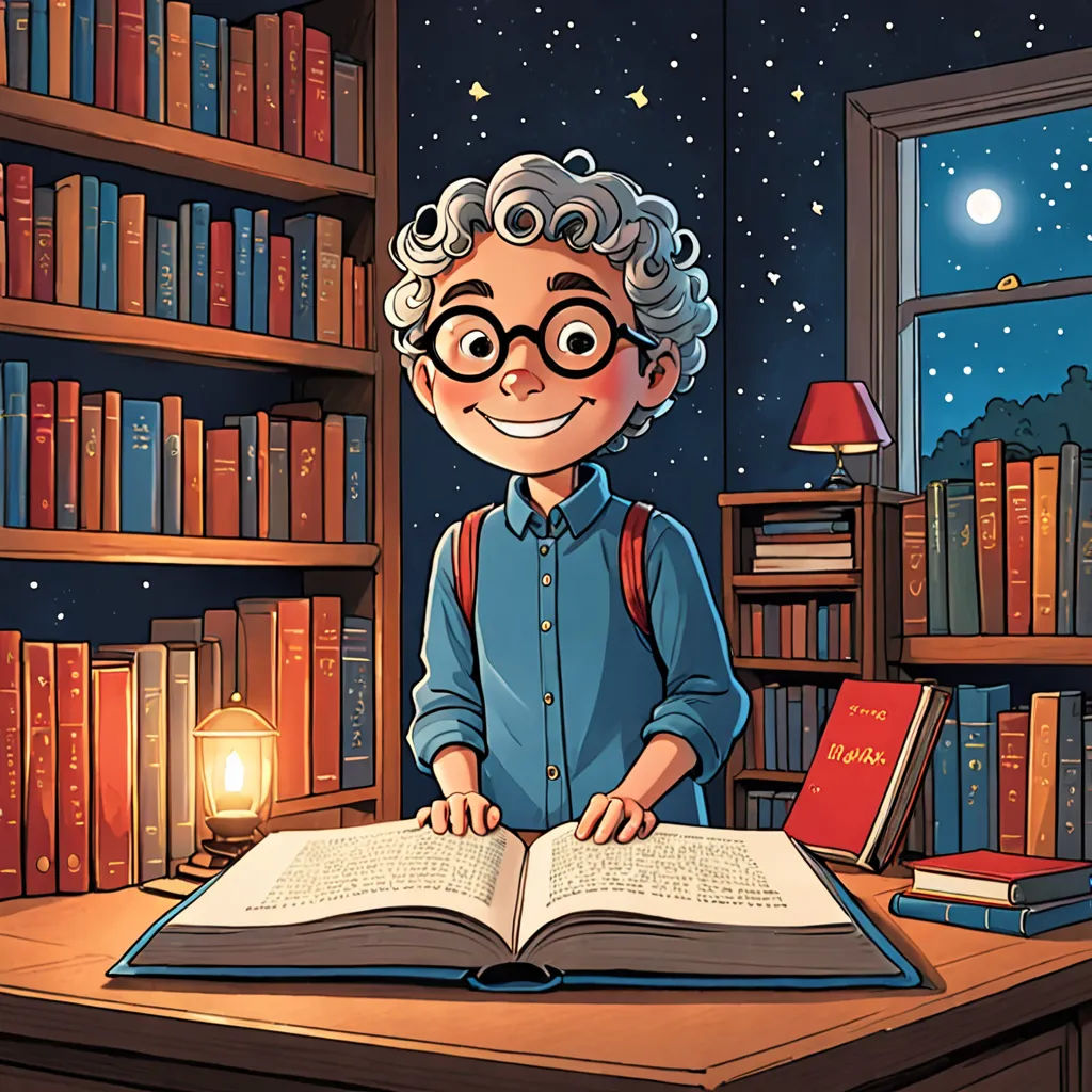 a cartoon boy is reading a book in a library with a lamp and bookshelves in the background, fantasy art, a storybook illustration, Diego Gisbert Llorens, storybook illustration