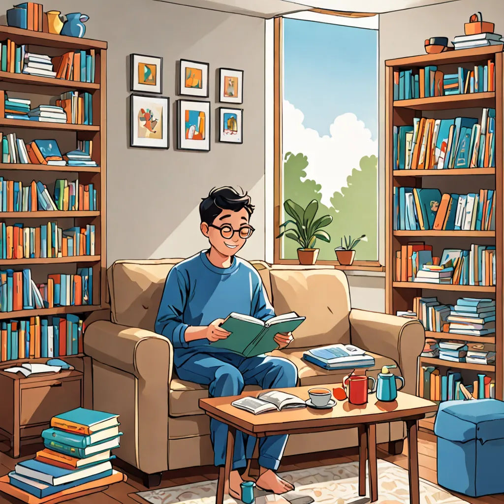 a man sitting on a couch reading a book in a living room with a bookcase full of books, private press, a storybook illustration, Asaf Hanuka, storybook illustration