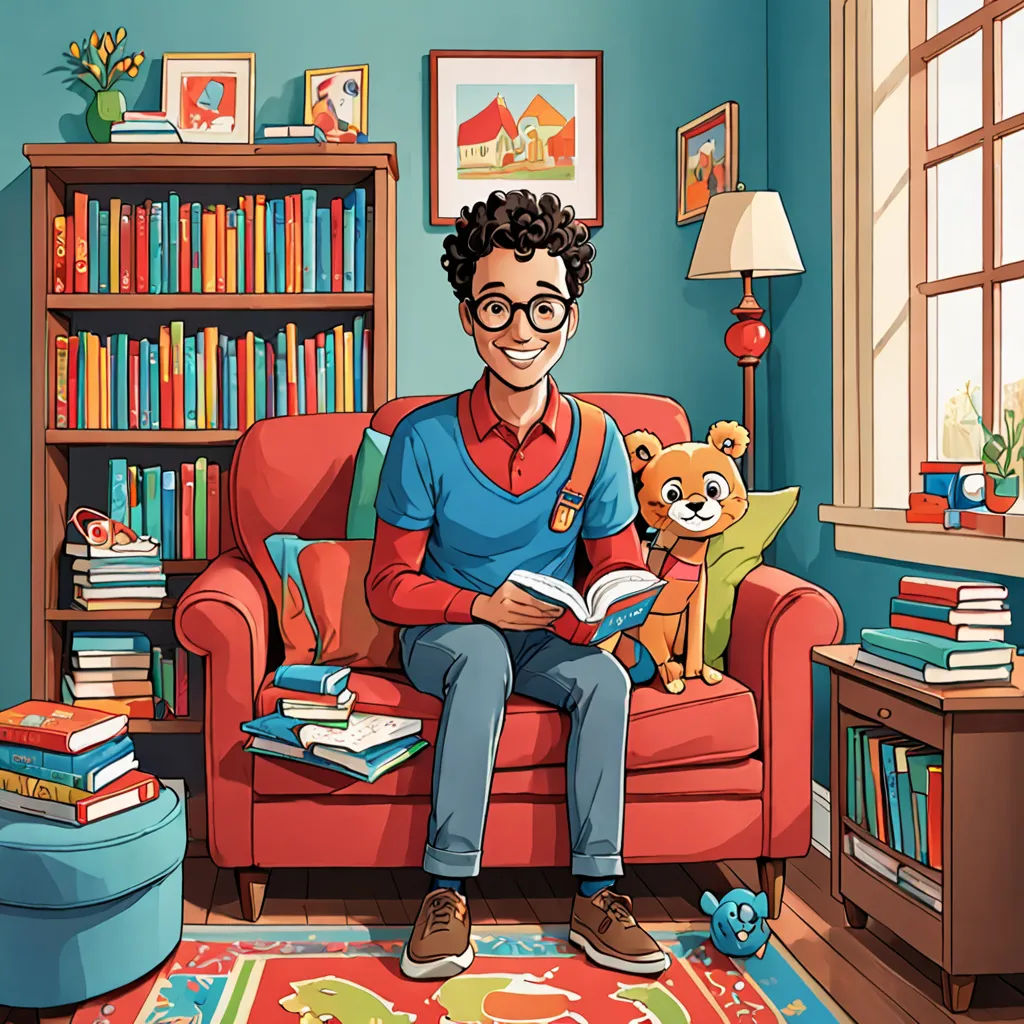 a man sitting on a couch in a room with a teddy bear and books on the floor and a bookcase, serial art, a storybook illustration, Chris LaBrooy, storybook illustration