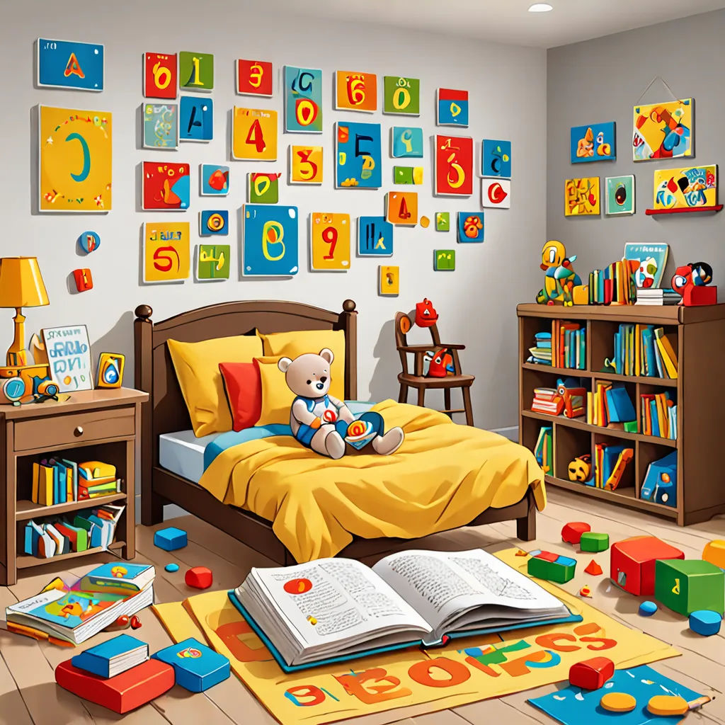 a child's bedroom with toys and books on the floor and a teddy bear on the bed in the corner, naive art, a storybook illustration, Andries Stock, highly detailed digital painting