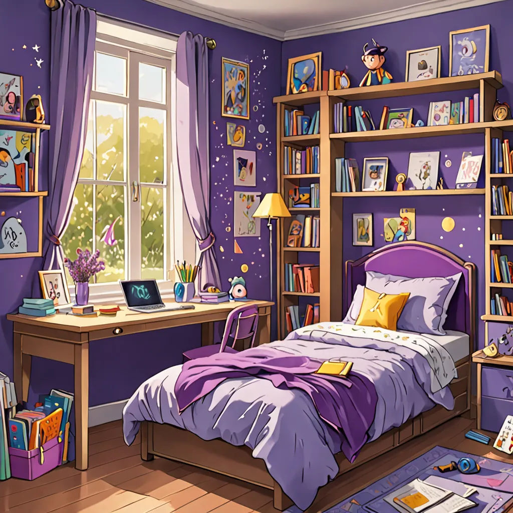 a bedroom with purple walls and a purple bed and desk with a purple blanket and a purple chair and a purple rug, remodernism, a detailed matte painting, Chris LaBrooy, official art