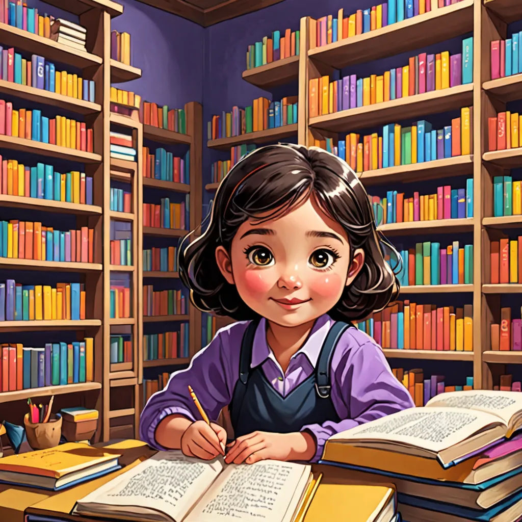 a girl sitting at a desk with a book in front of her and a bookcase full of books behind her, academic art, a storybook illustration, Cyril Rolando, storybook illustration