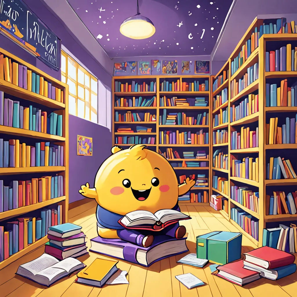 a cartoon character is reading a book in a library with books scattered around it and a yellow bear is reading a book, fantasy art, a storybook illustration, Chris LaBrooy, storybook illustration