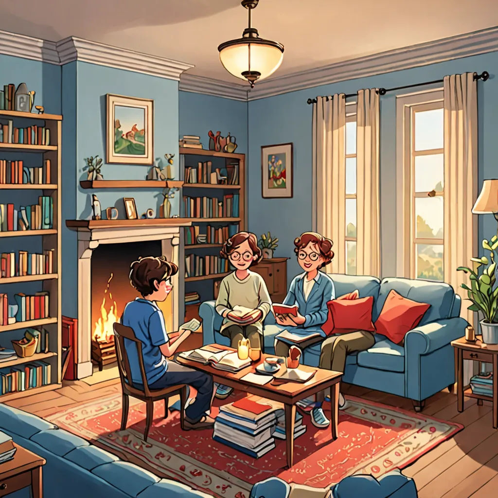 a family sitting around a table in a living room with a fireplace and bookshelves on the wall, american scene painting, a storybook illustration, Colin Middleton, official art