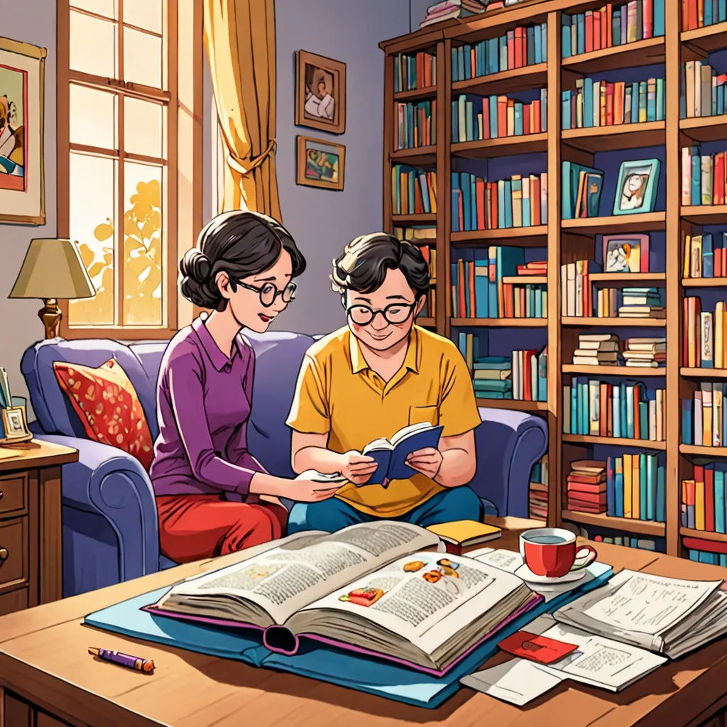 a woman and a man sitting on a couch reading a book together in a library with a bookcase full of books, lyco art, a storybook illustration, Diego Gisbert Llorens, storybook illustration