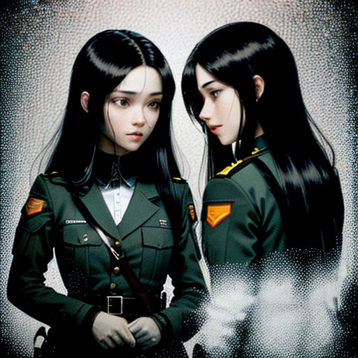 two women in uniforms standing next to each other in front of a wall with a painting of a woman in uniform