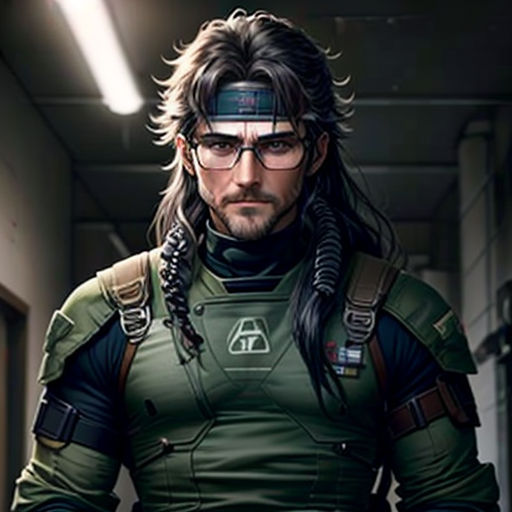 a man in a green uniform with glasses and a gun in his hand, standing in a hallway with a light on