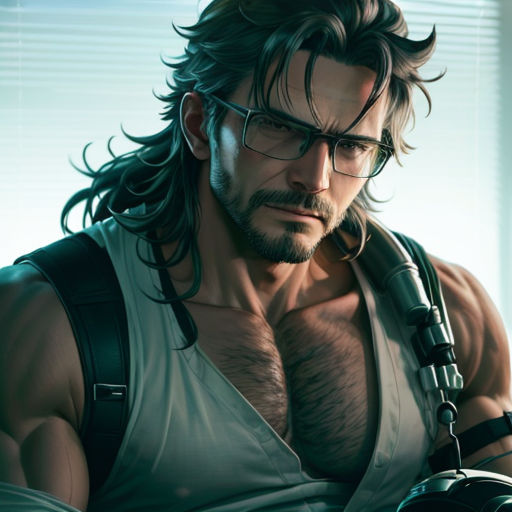 a man with long hair and glasses holding a gun in his hand and looking at the camera with a serious look on his face