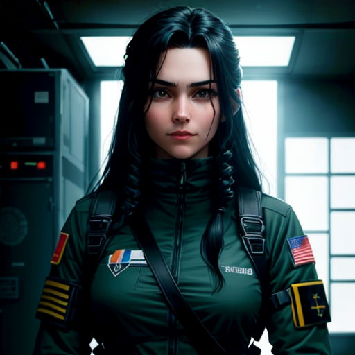 a woman in a uniform standing in a room with a gun in her hand and a gun in her other hand