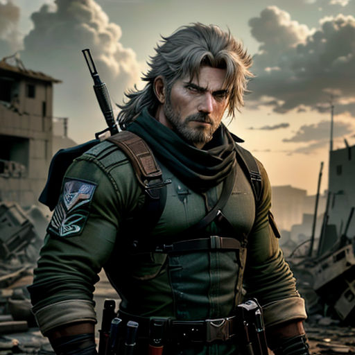 a man in a green uniform holding a gun in a destroyed area with buildings in the background and clouds in the sky