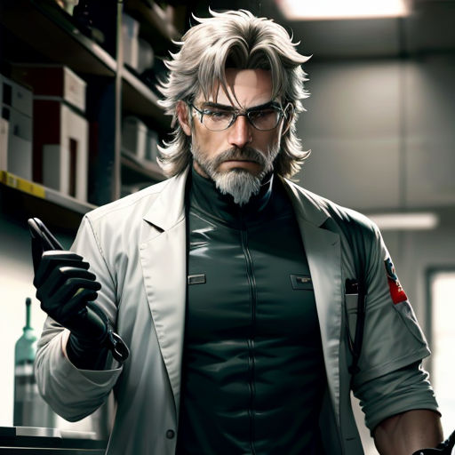 a man in a suit and glasses holding a gun in a room with shelves and shelves on either side of him