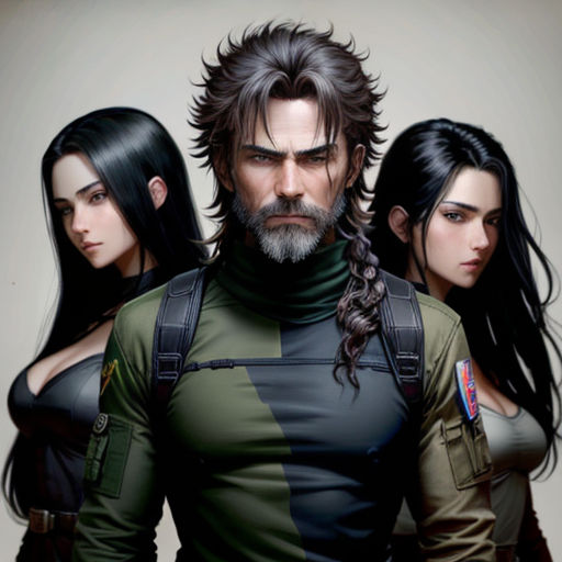 a man with long hair and two women standing next to him, both wearing green and black outfits, and one with long hair and a beard