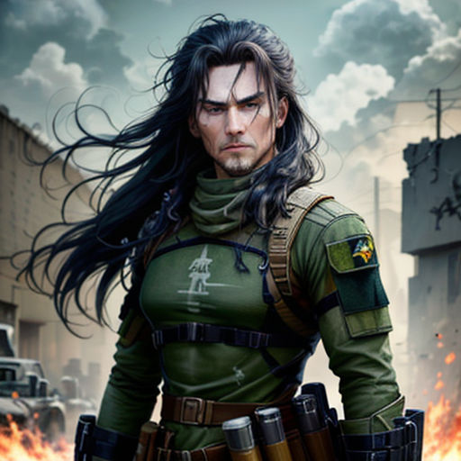 a man in a uniform with guns in his hand and a fire in the background, with a building in the background