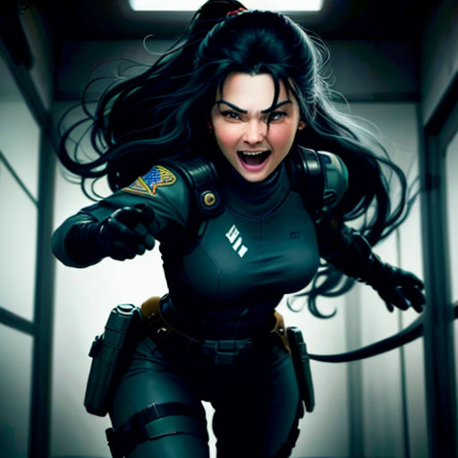 a woman in a uniform is running through a hallway with her arms out and her mouth open and her hands out