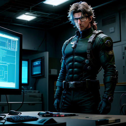 a man in a futuristic suit standing in front of a computer screen in a dark room with a keyboard and mouse