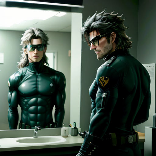 a man in a green suit standing in front of a mirror next to a sink in a bathroom with another man in a black suit