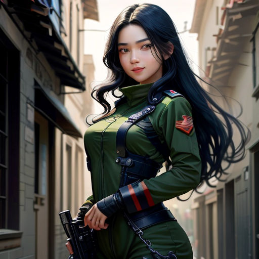a woman in a green uniform is standing in a alley way with a gun in her hand and a gun in her hand