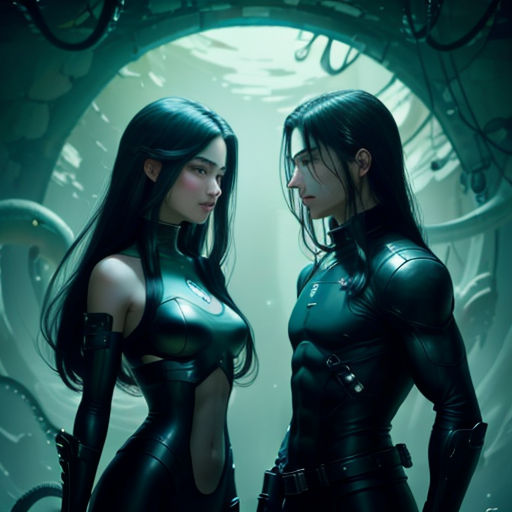 two women in black catsuits standing next to each other in a tunnel with a clock in the background