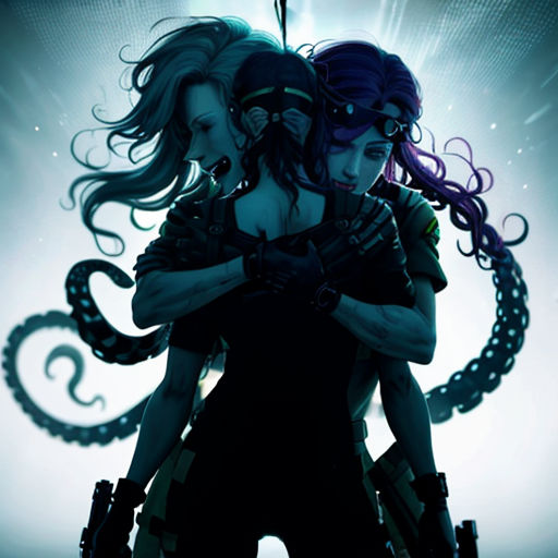 two women hugging each other with a giant octopus in the background of them, and a giant octopus in the foreground