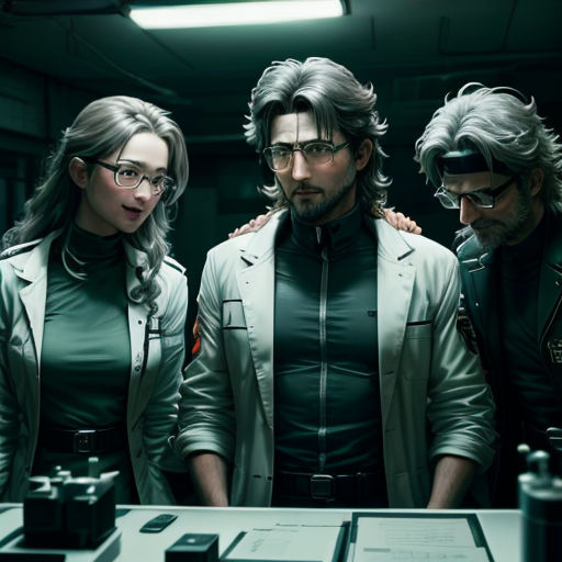 a group of people standing around a table with a computer on it and a man in a suit and glasses