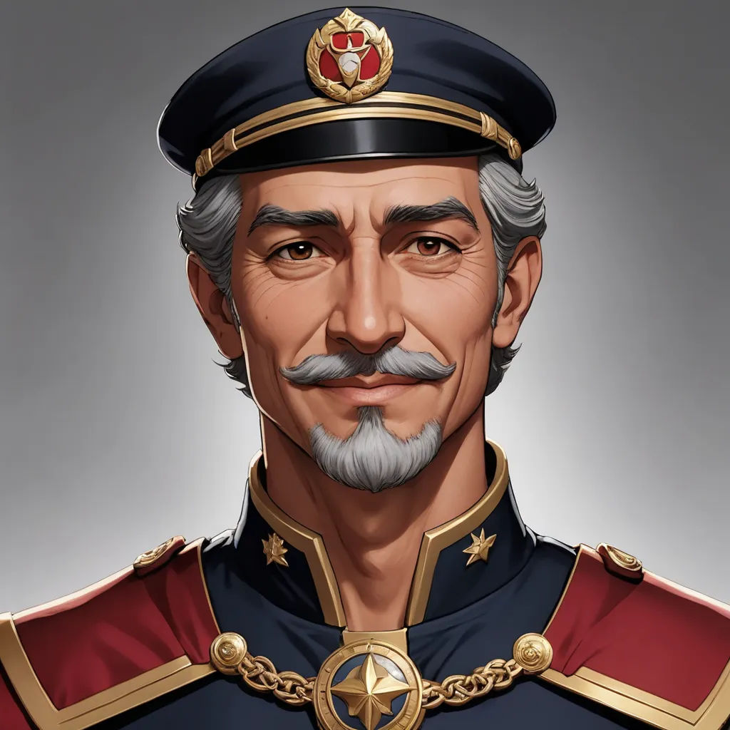 a cartoon of a man in uniform with a mustache and a mustache mustache, wearing a uniform and a star on his hat, sots art, a character portrait, Cedric Peyravernay, character portrait