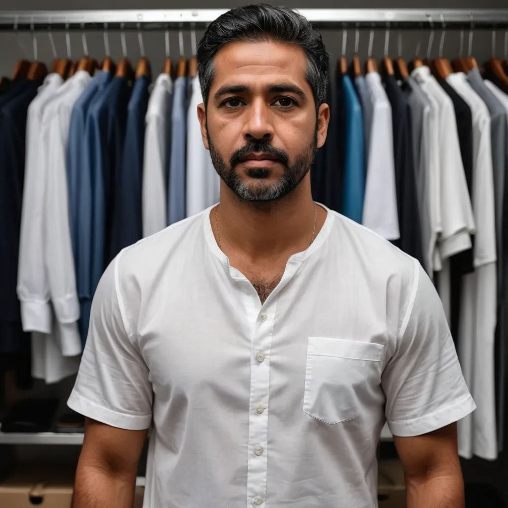 a man standing in front of a rack of shirts in a closet with a rack of shirts hanging on the wall, private press, a character portrait, Ahmed Karahisari, ex machina