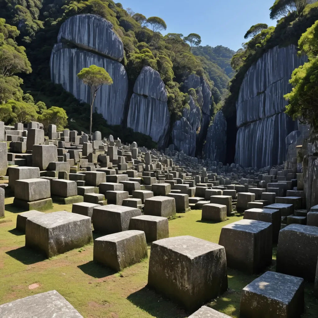 a large group of stone blocks in a field with trees in the background and a mountain in the background, concrete art, a cubist painting, Aya Goda, japan