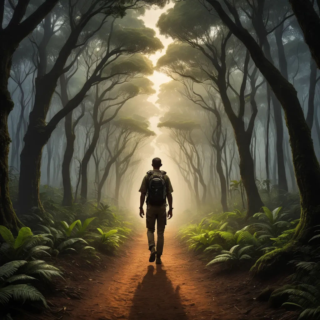a man walking down a dirt road in a forest with trees and ferns on both sides of the path, magical realism, a detailed matte painting, Dirk Crabeth, highly detailed digital painting