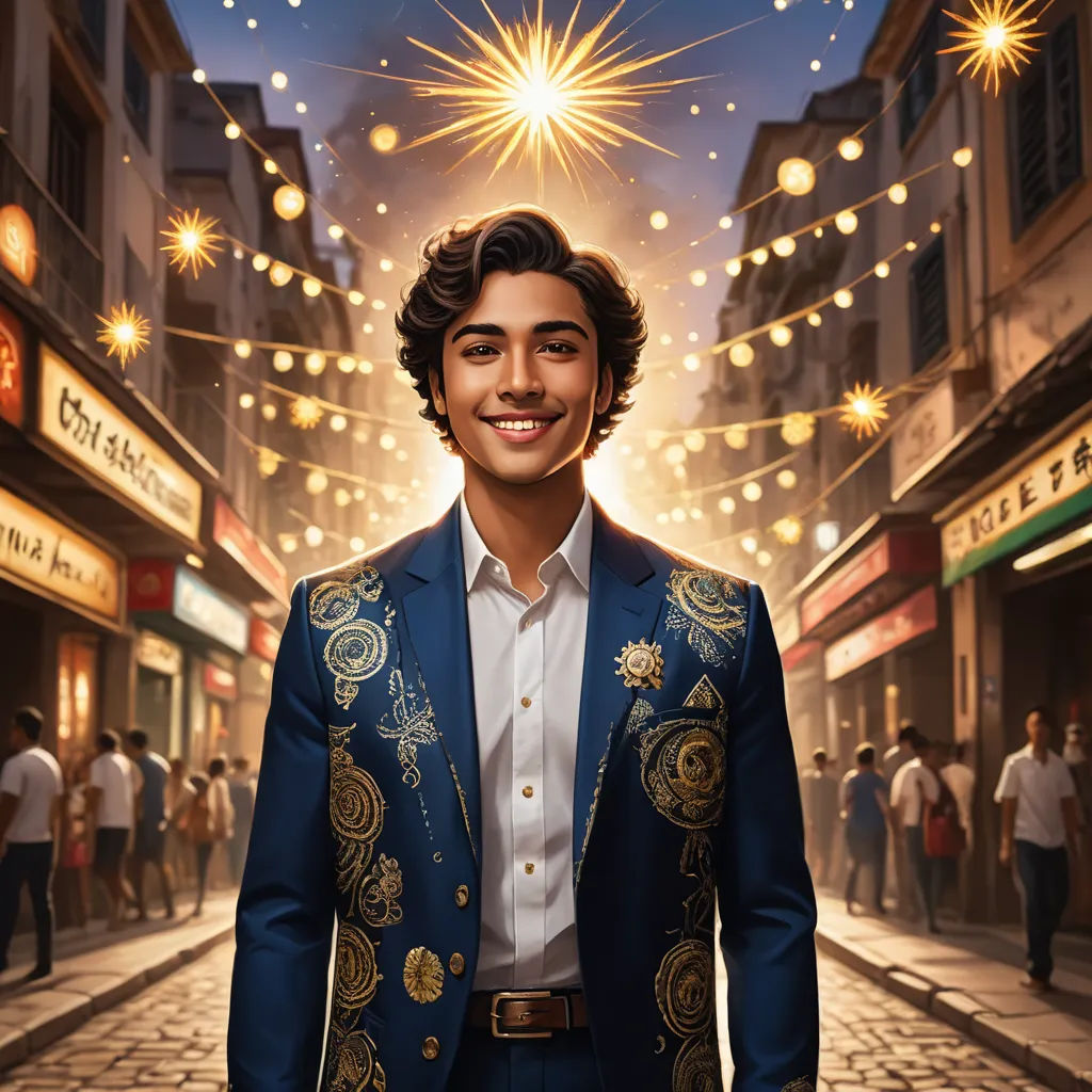a man in a blue suit and white shirt standing in a street with lights on the buildings and people walking around, magical realism, a character portrait, Chris LaBrooy, rossdraws global illumination
