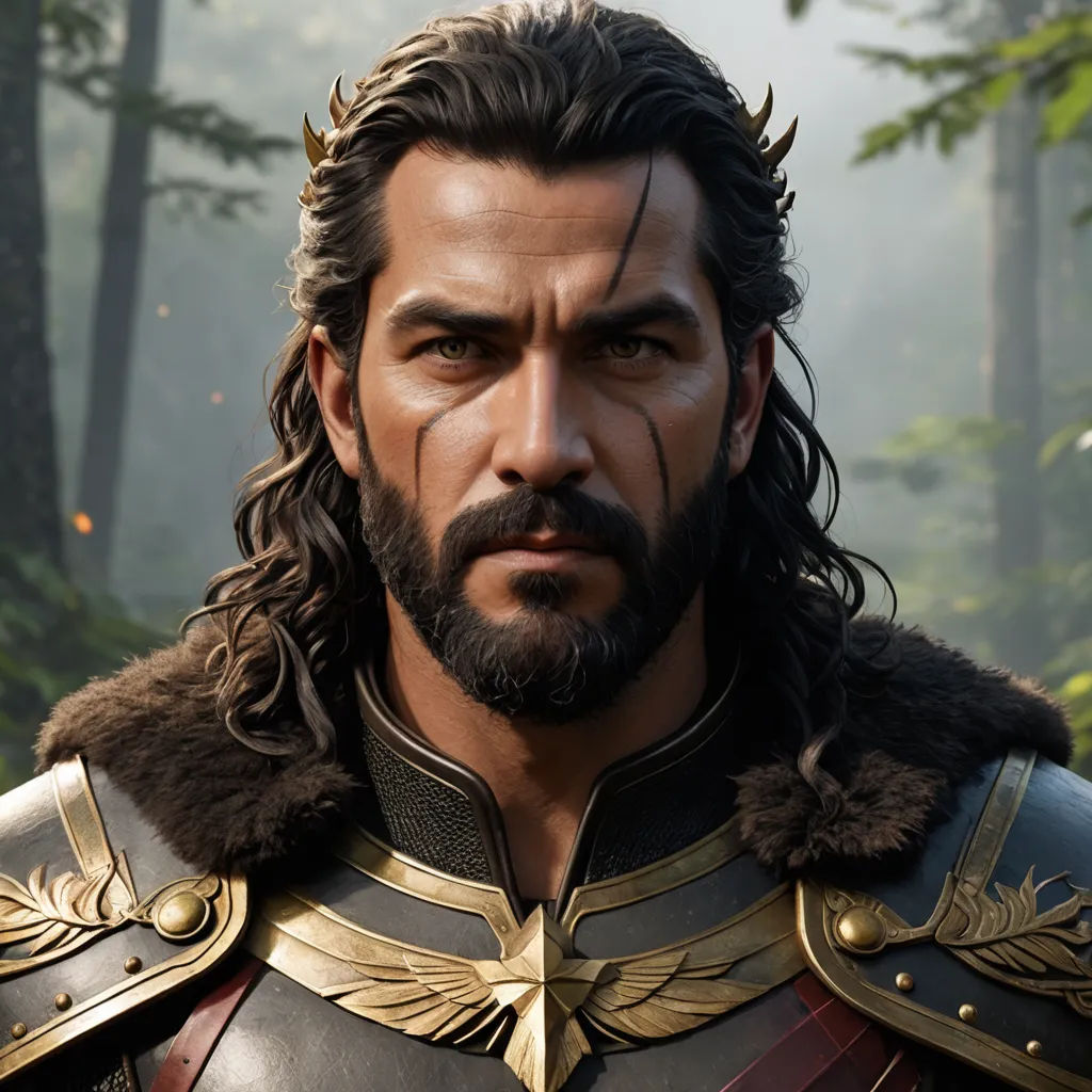 a man in a suit of armor in a forest with trees and fog in the background, with a beard and a beard, antipodeans, a character portrait, Eddie Mendoza, unreal engine highly rendered