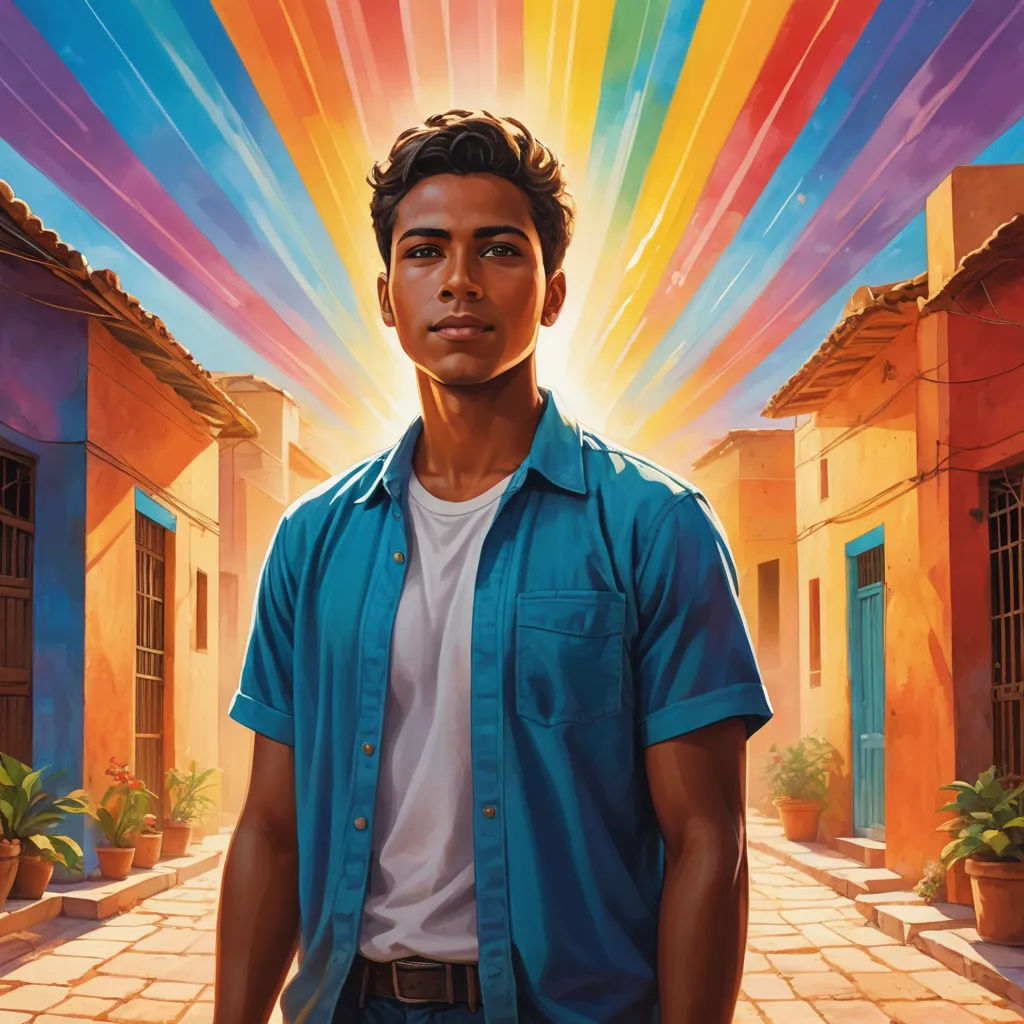 a man standing in front of a colorful sky with a rainbow in the background and a building with a doorway, magical realism, a character portrait, Aaron Jasinski, key art