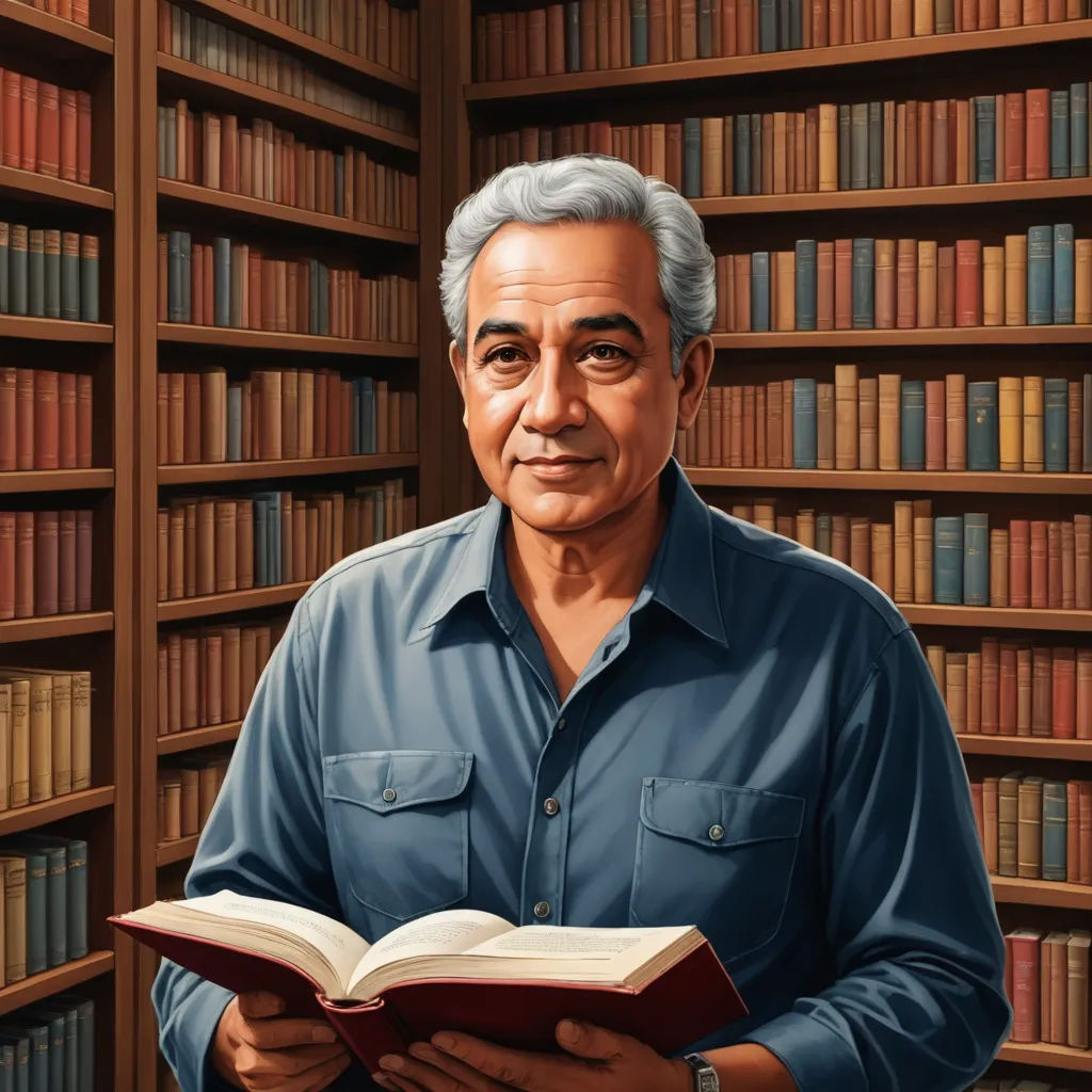 a man holding a book in front of a library full of bookshelves and bookshelves with a man in blue shirt, precisionism, a character portrait, Ahmed Karahisari, professional digital painting