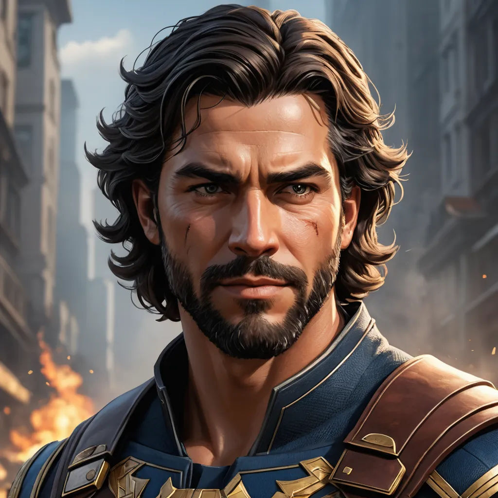 a man with a beard and a beard in a video game character avatar, with a city in the background, pre-raphaelitism, a character portrait, Eddie Mendoza, unreal engine highly rendered