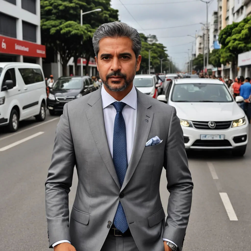a man in a suit and tie standing in the middle of a street with cars and people in the background, hurufiyya, a character portrait, Caesar Andrade Faini, ignacio fernandez rios