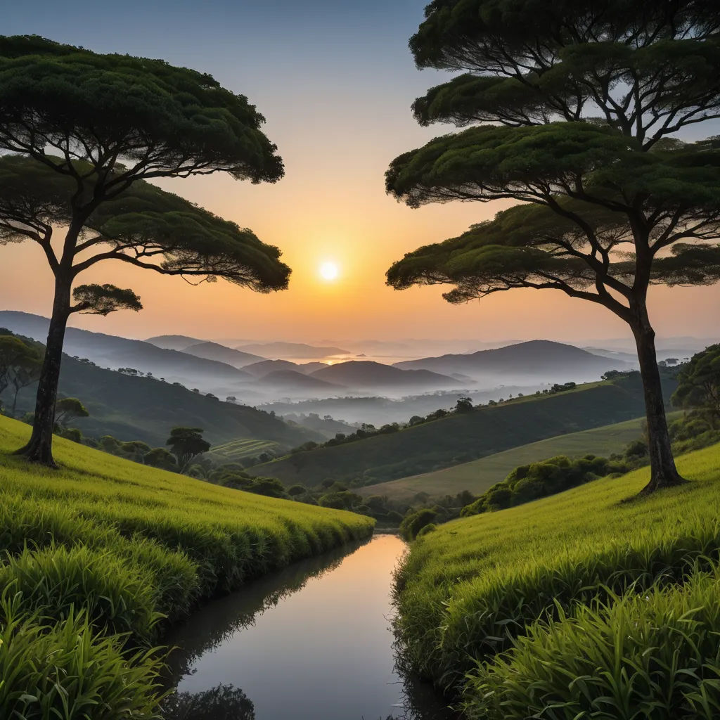 a painting of a river running through a lush green valley with trees on both sides of it and a sunset in the background, dau-al-set, a matte painting, Art Brenner, beautiful landscape