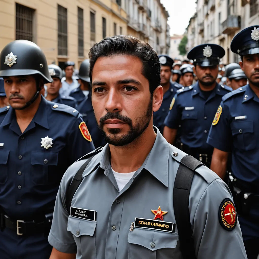 a man in a uniform standing in front of a group of police officers in uniform in a city street, excessivism, a photo, Caesar Andrade Faini, behance hd