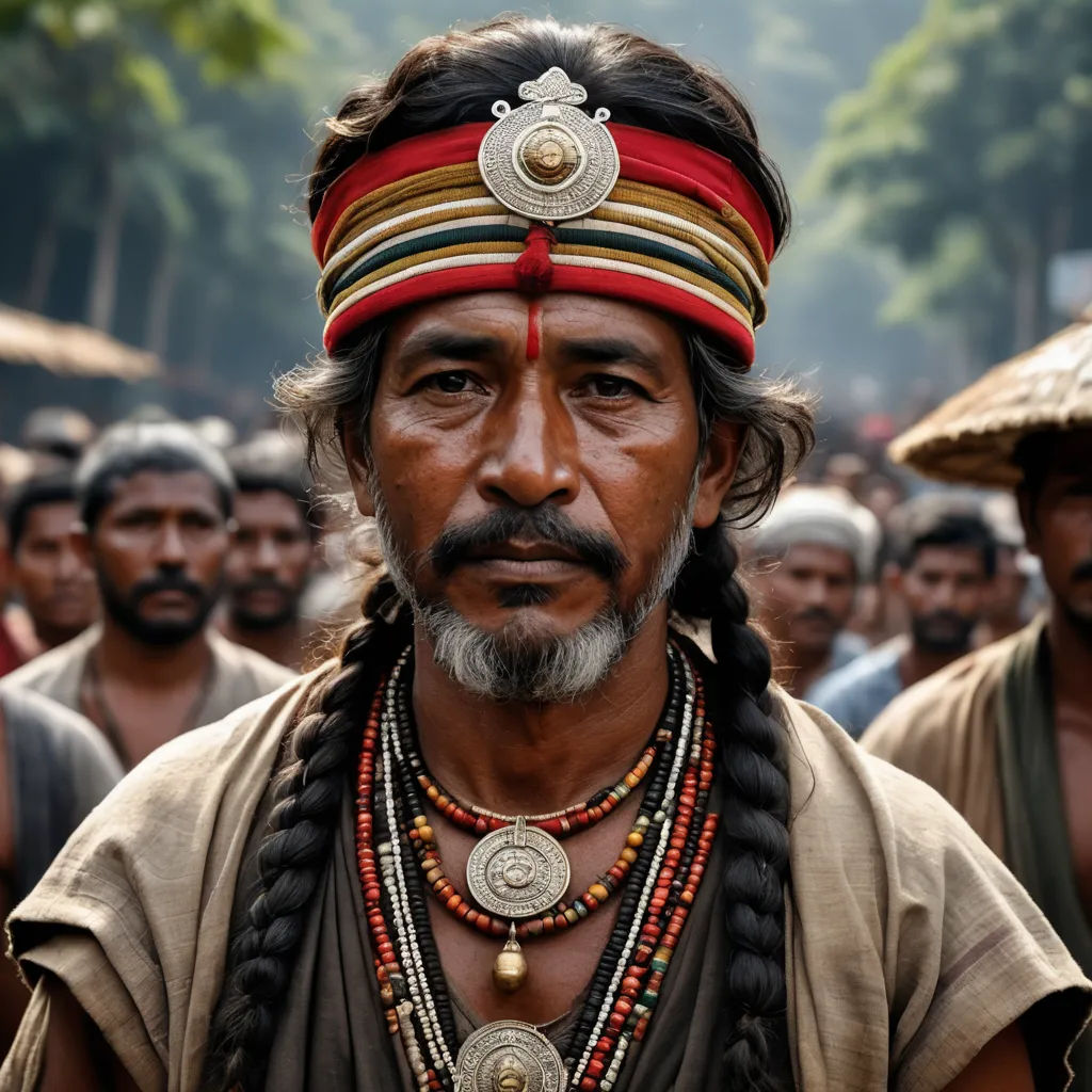 a man with a beard and a headdress standing in front of a crowd of people wearing headdresses, samikshavad, a character portrait, Bikash Bhattacharjee, cinematic photography
