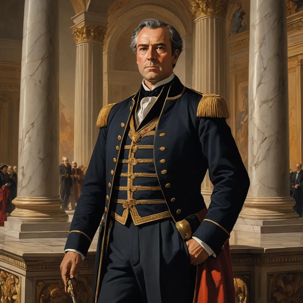 a painting of a man in a uniform standing in front of a building with columns and columns on either side of him, classical realism, a detailed painting, Amadeo de Souza Cardoso, detailed painting