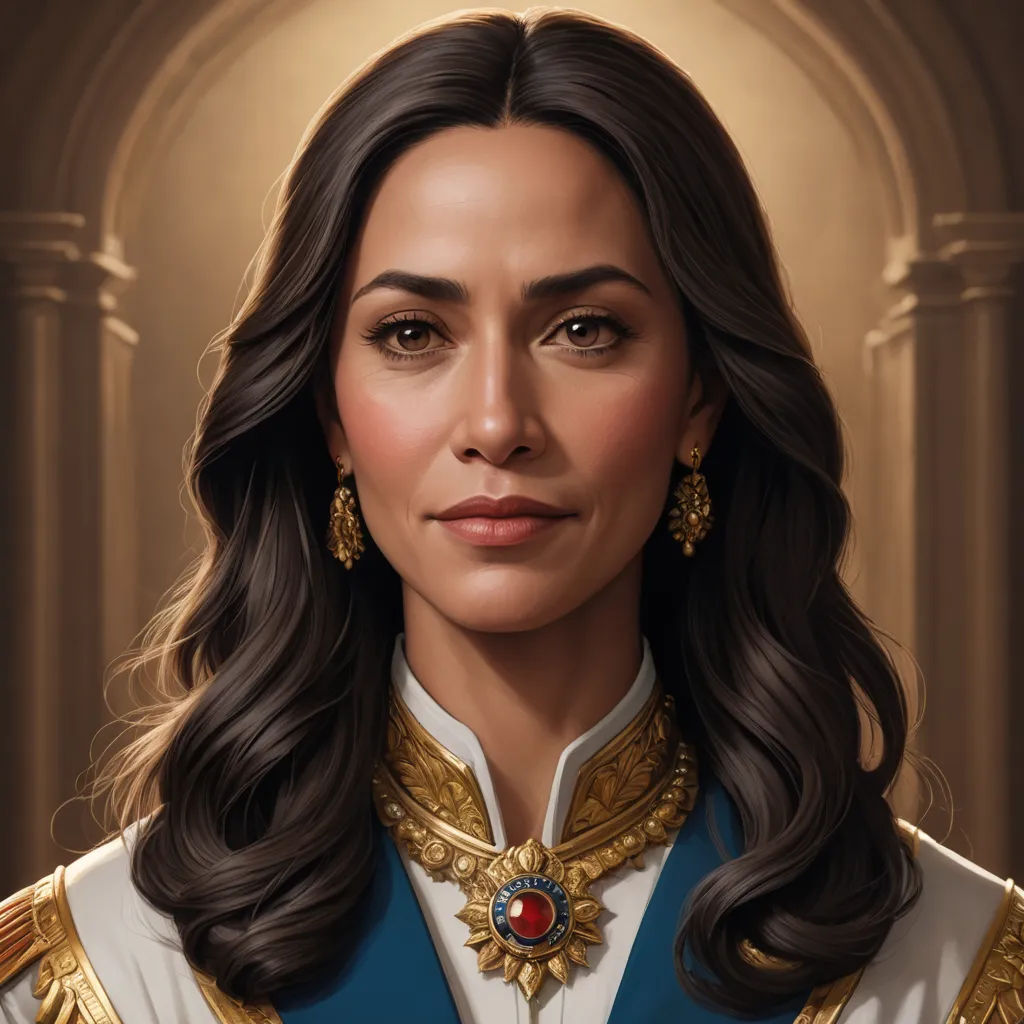 a painting of a woman in a blue and gold outfit with a gold necklace and earrings on her neck, sots art, a character portrait, Constance Gordon-Cumming, fantasy character portrait
