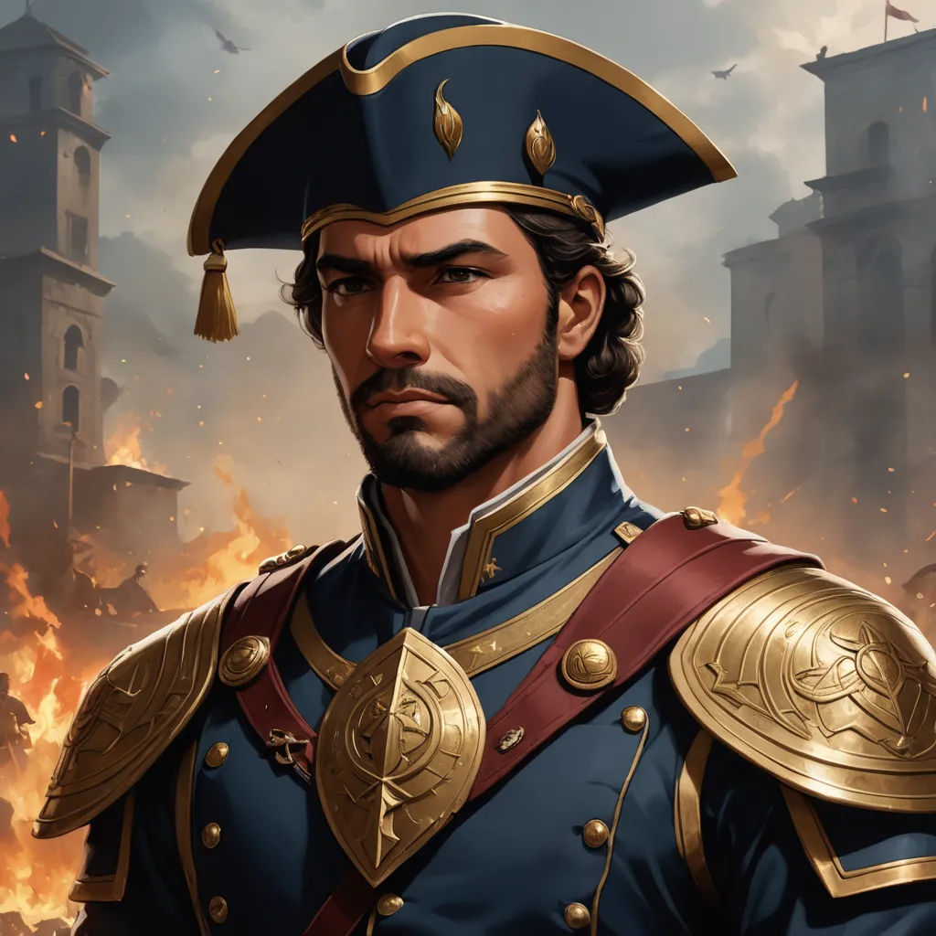 a man in a uniform with a hat on his head and a fire in the background behind him and a castle, fantasy art, a detailed painting, Alejandro Burdisio, epic fantasy character art