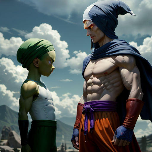 a cartoon of two people standing next to each other in front of a cloudy sky with mountains in the background