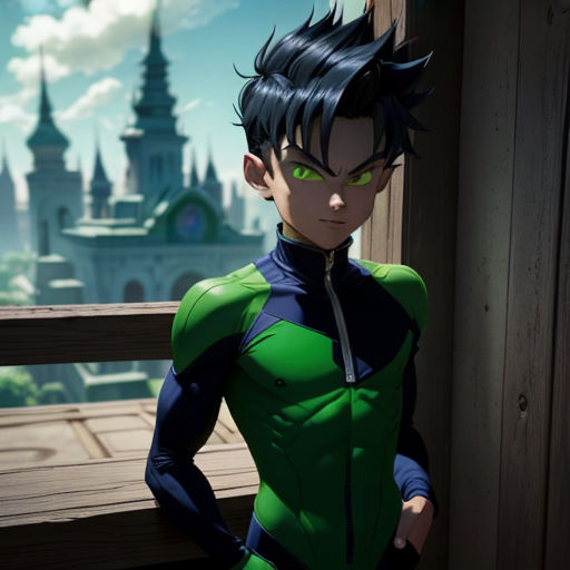 a man in a green and black suit standing next to a window with a castle in the background and a clock tower in the distance