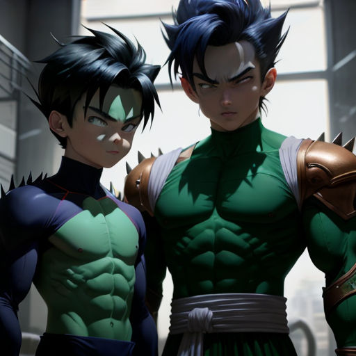 two male characters in green and black outfits standing next to each other in a room with large windows and a large window