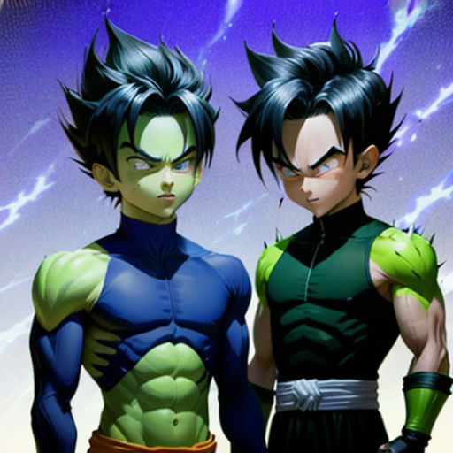 two young men standing next to each other in front of a purple sky with lightnings behind them and one wearing a green and blue costume