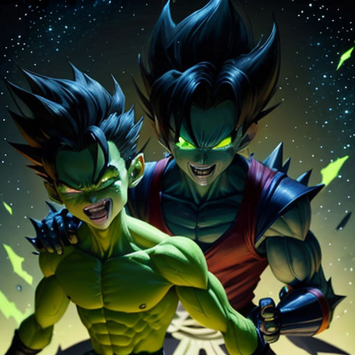 two cartoon characters are fighting in a space with stars in the background and a green light shining on them