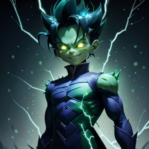 a character from the animated movie, the green lanterner, with glowing eyes and a green hair, standing in front of a lightning bolt