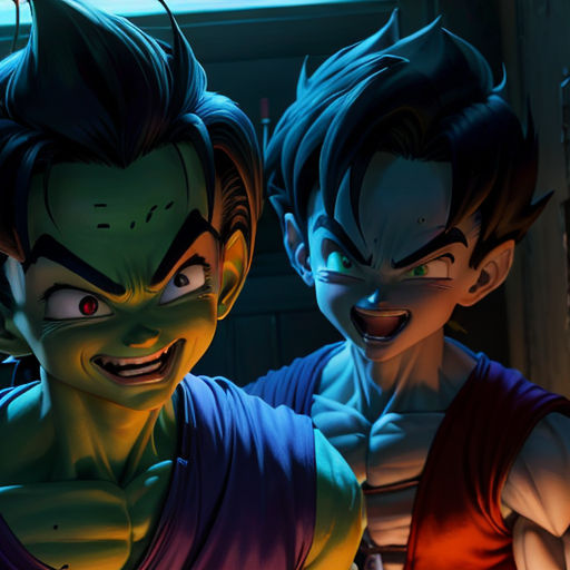 two young boys with evil faces and hair, one with a green face and one with a red shirt