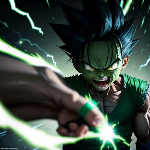 a cartoon character holding a green light up hand with lightning coming out of it's mouth and a green light shining behind him
