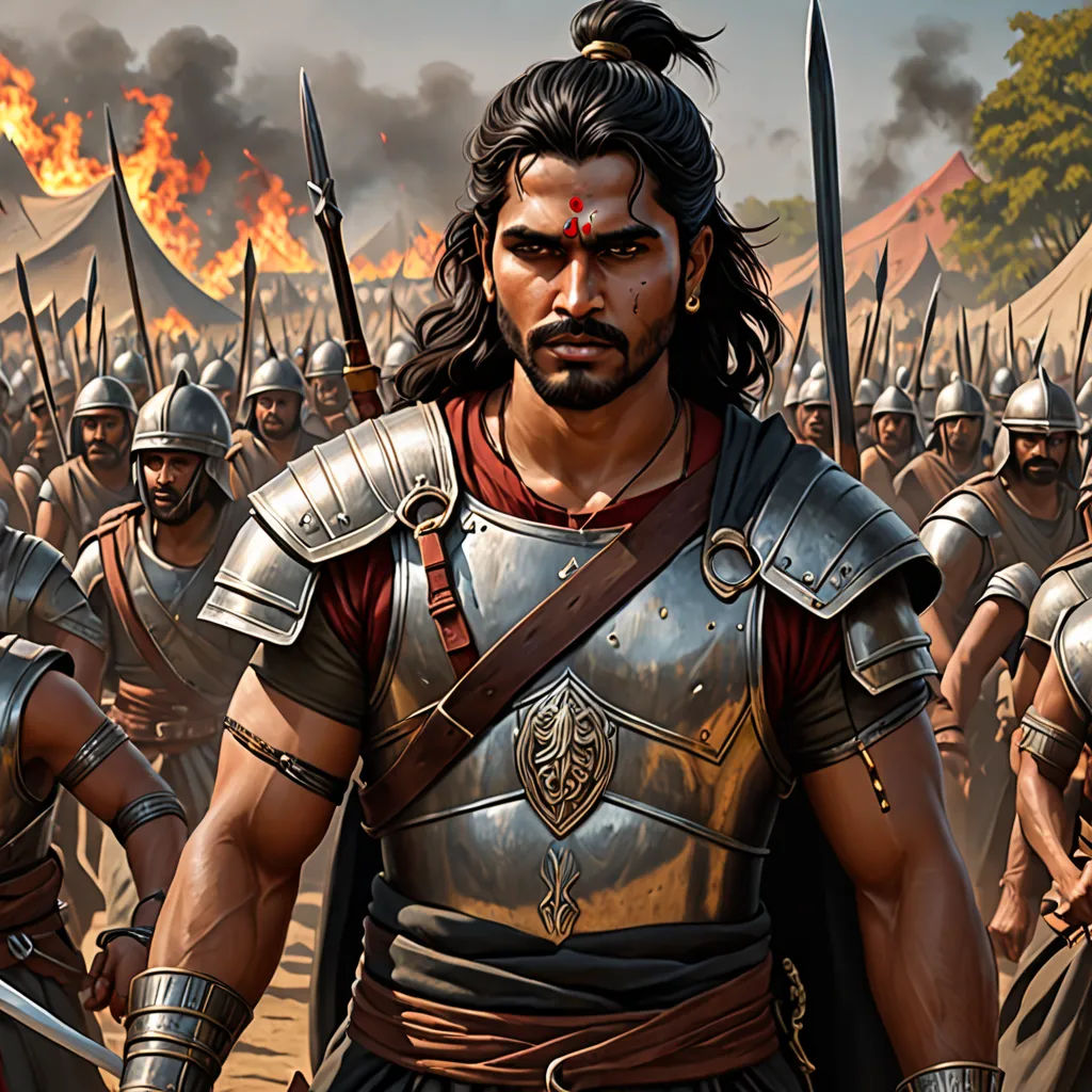 a man in a roman armor standing in front of a group of men in armor and holding swords and a sword, samikshavad, a detailed painting, Bholekar Srihari, epic fantasy character art